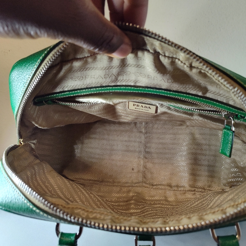 Prada Cinghiale Leather Trimmed Canapa Grezza Shoulder Bag Green Beige - Picture 10 of 13